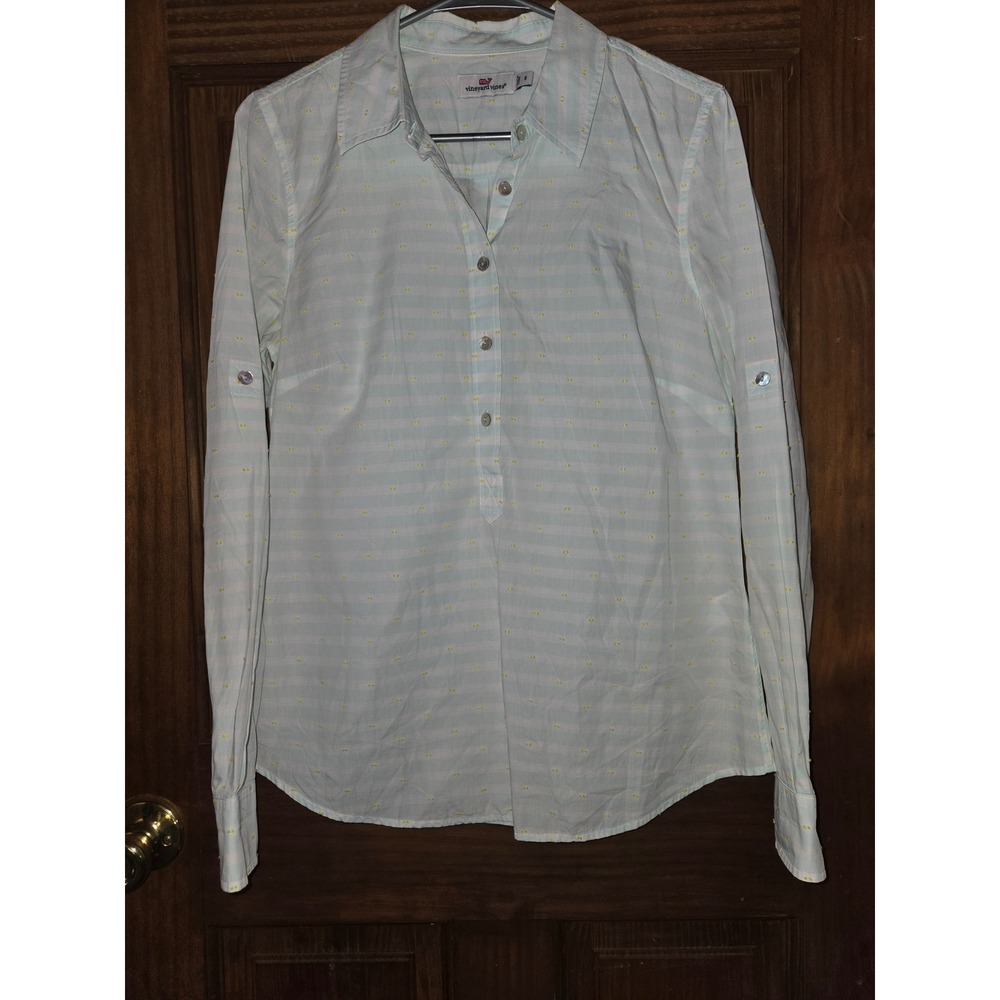 Vineyard Vines Womens Size 8 Blue White Striped Roll Tab Sleeve Cotton Shirt